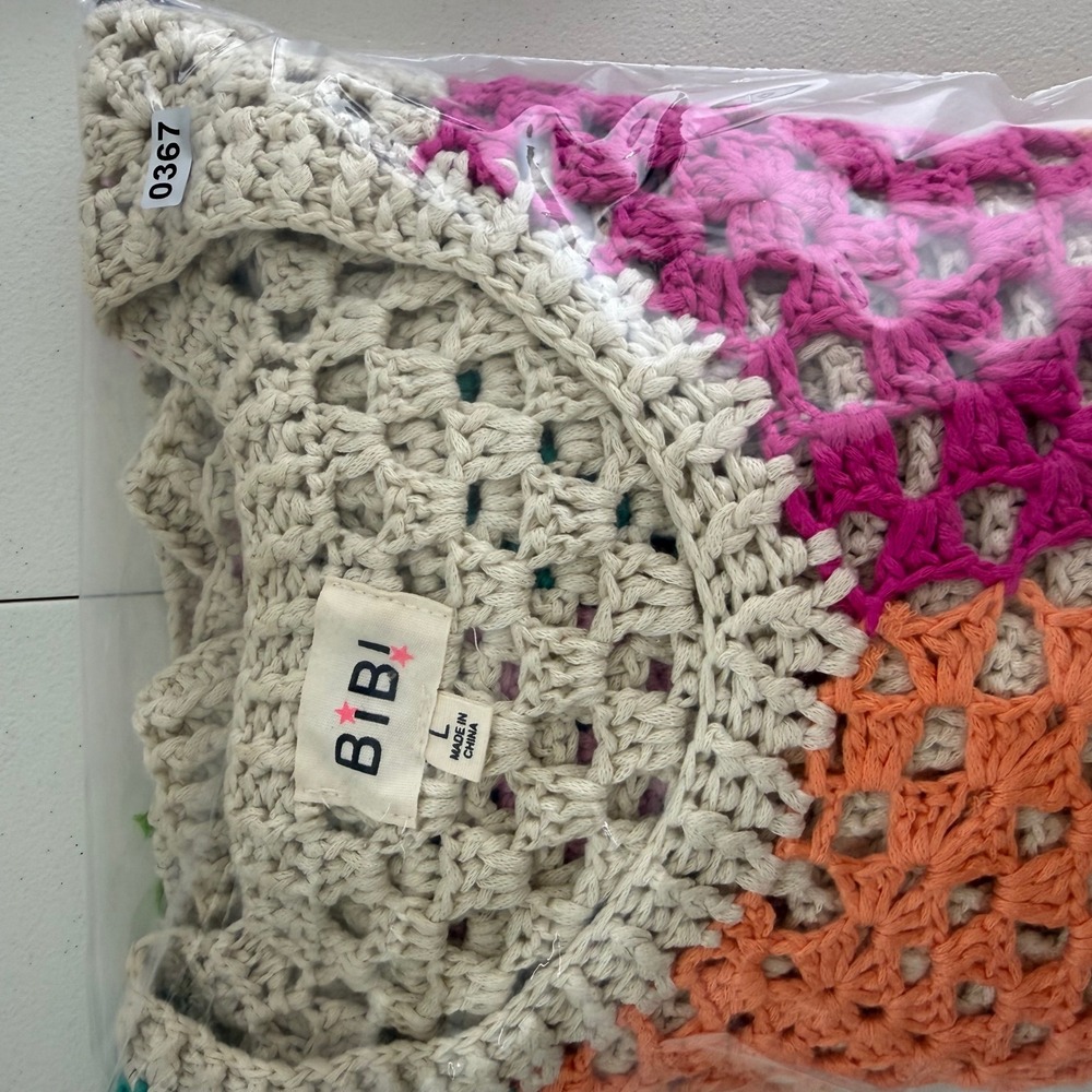 BiBi Womens Boho Patchwork Crochet Granny Square Sweater V-Neck Multicolor Large - Picture 10 of 10